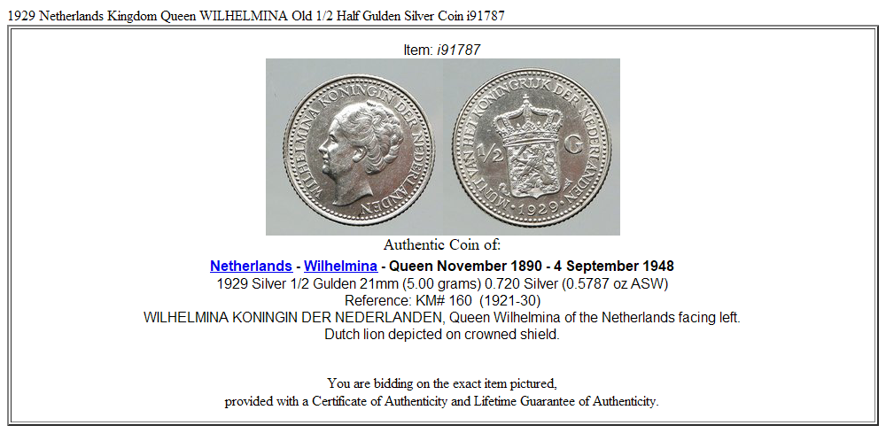 1929 Netherlands Kingdom Queen WILHELMINA Old 1/2 Half Gulden Silver Coin i91787