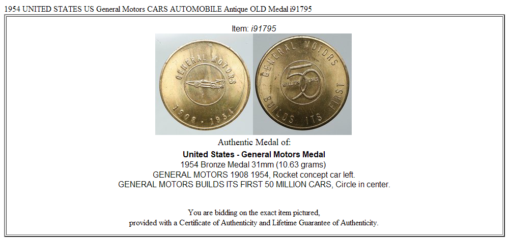 1954 UNITED STATES US General Motors CARS AUTOMOBILE Antique OLD Medal i91795