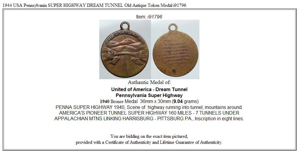 1944 USA Pennsylvania SUPER HIGHWAY DREAM TUNNEL Old Antique Token Medal i91796