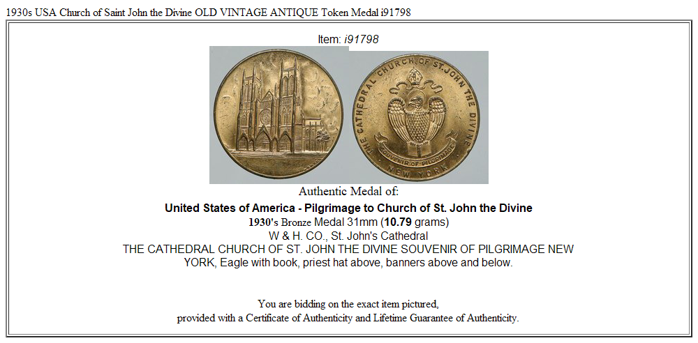 1930s USA Church of Saint John the Divine OLD VINTAGE ANTIQUE Token Medal i91798