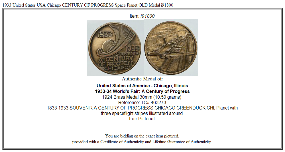 1933 United States USA Chicago CENTURY OF PROGRESS Space Planet OLD Medal i91800