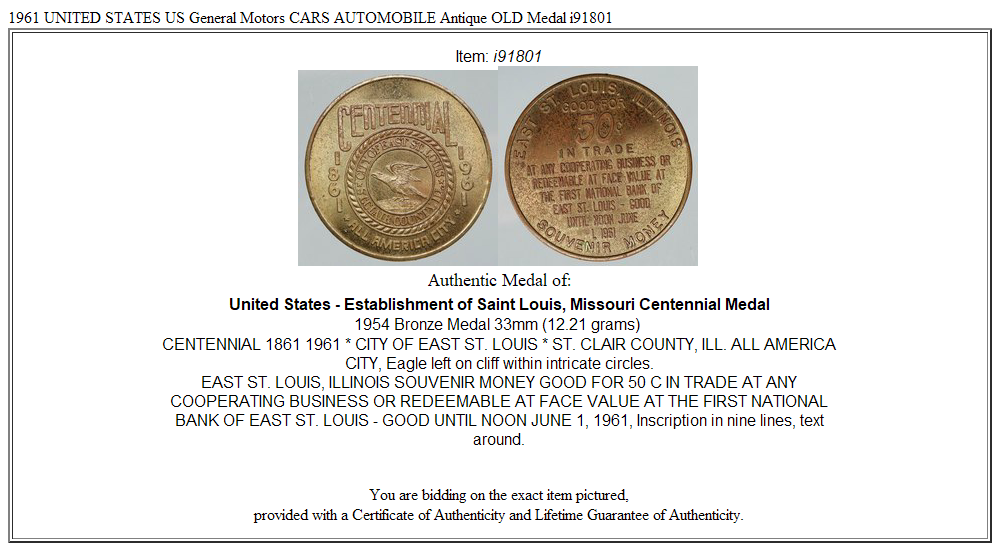 1961 UNITED STATES US General Motors CARS AUTOMOBILE Antique OLD Medal i91801