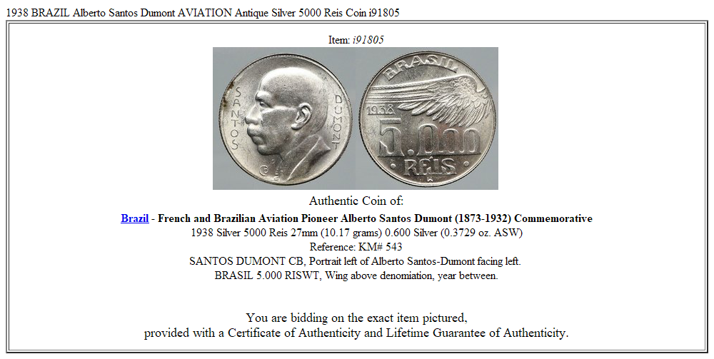 1938 BRAZIL Alberto Santos Dumont AVIATION Antique Silver 5000 Reis Coin i91805