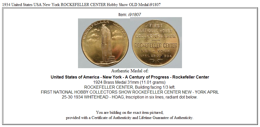 1934 United States USA New York ROCKEFELLER CENTER Hobby Show OLD Medal i91807