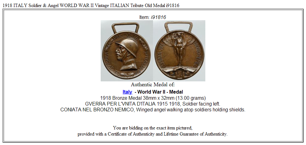 1918 ITALY Soldier & Angel WORLD WAR II Vintage ITALIAN Tribute Old Medal i91816