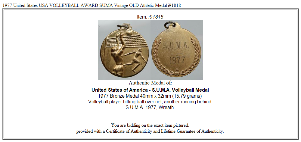 1977 United States USA VOLLEYBALL AWARD SUMA Vintage OLD Athletic Medal i91818