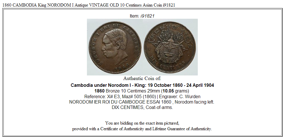 1860 CAMBODIA King NORODOM I Antique VINTAGE OLD 10 Centimes Asian Coin i91821