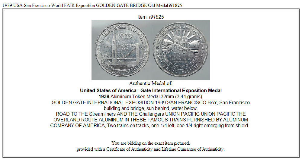 1939 USA San Francisco World FAIR Exposition GOLDEN GATE BRIDGE Old Medal i91825