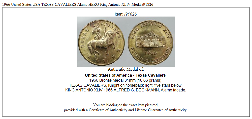 1966 United States USA TEXAS CAVALIERS Alamo HERO King Antonio XLIV Medal i91826