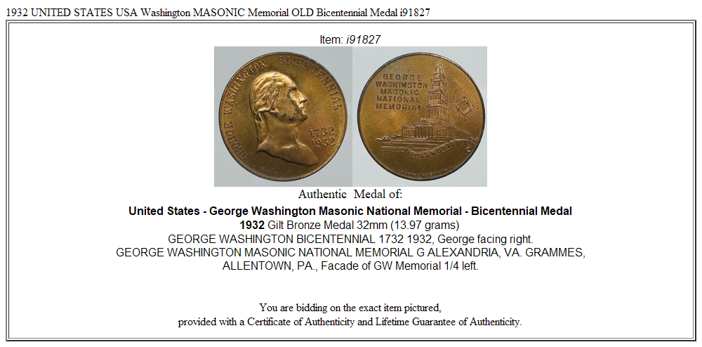 1932 UNITED STATES USA Washington MASONIC Memorial OLD Bicentennial Medal i91827