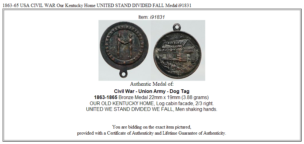 1863-65 USA CIVIL WAR Our Kentucky Home UNITED STAND DIVIDED FALL Medal i91831