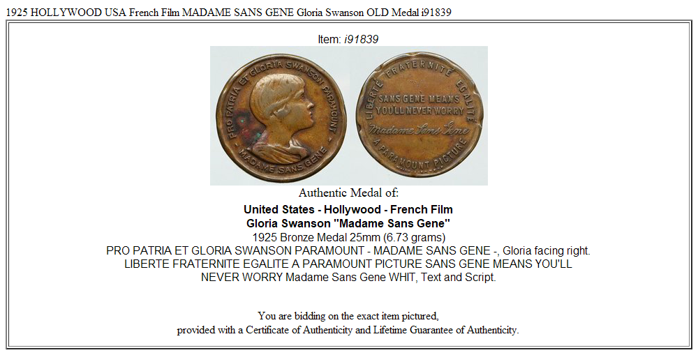 1925 HOLLYWOOD USA French Film MADAME SANS GENE Gloria Swanson OLD Medal i91839