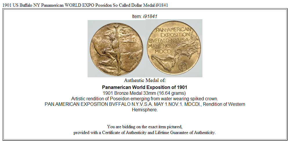 1901 US Buffalo NY Panamerican WORLD EXPO Poseidon So Called Dollar Medal i91841