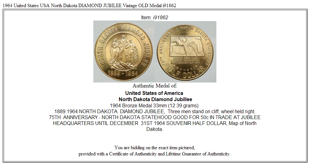 1964 United States USA North Dakota DIAMOND JUBILEE Vintage OLD Medal i91862