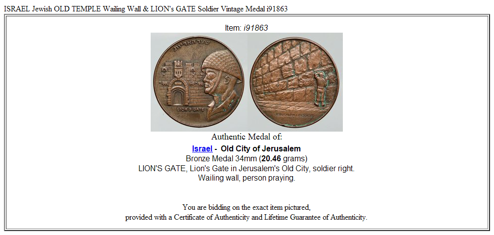 ISRAEL Jewish OLD TEMPLE Wailing Wall & LION's GATE Soldier Vintage Medal i91863