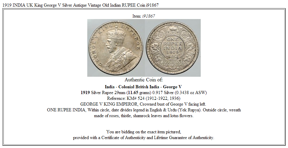 1919 INDIA UK King George V Silver Antique Vintage Old Indian RUPEE Coin i91867