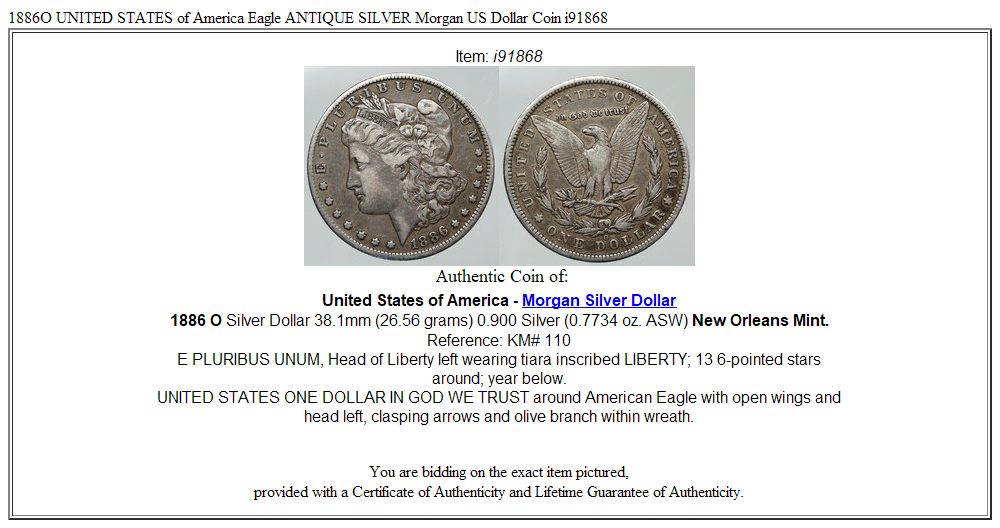 1886O UNITED STATES of America Eagle ANTIQUE SILVER Morgan US Dollar Coin i91868