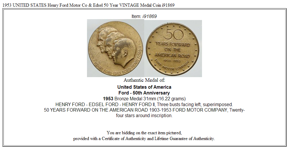 1953 UNITED STATES Henry Ford Motor Co & Edsel 50 Year VINTAGE Medal Coin i91869