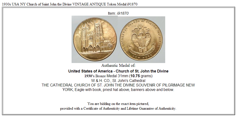 1930s USA NY Church of Saint John the Divine VINTAGE ANTIQUE Token Medal i91870