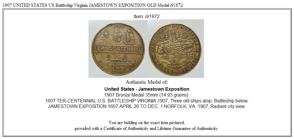 1907 UNITED STATES US Battleship Virginia JAMESTOWN EXPOSITION OLD Medal i91872