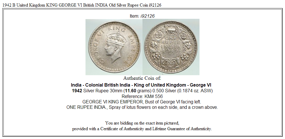 1942 B United Kingdom KING GEORGE VI British INDIA Old Silver Rupee Coin i92126