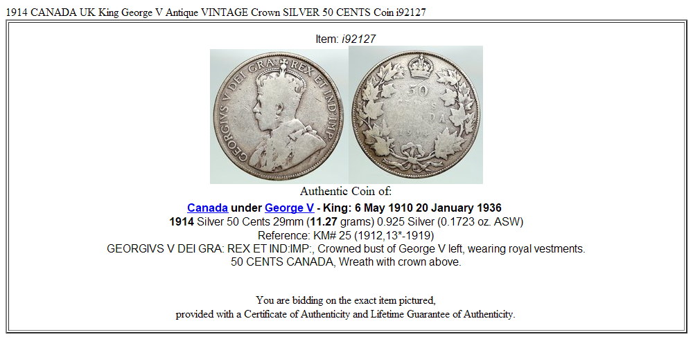 1914 CANADA UK King George V Antique VINTAGE Crown SILVER 50 CENTS Coin i92127