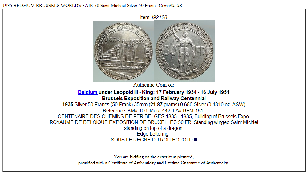 1935 BELGIUM BRUSSELS WORLD's FAIR 58 Saint Michael Silver 50 Francs Coin i92128