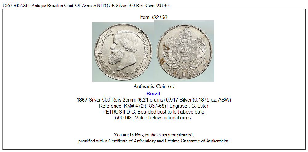 1867 BRAZIL Antique Brazilian Coat-Of-Arms ANITQUE Silver 500 Reis Coin i92130