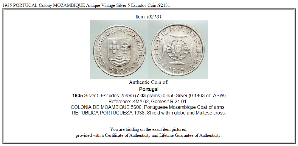 1935 PORTUGAL Colony MOZAMBIQUE Antique Vintage Silver 5 Escudos Coin i92131