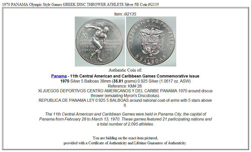 1970 PANAMA Olympic Style Games GREEK DISC THROWER ATHLETE Silver 5B Coin i92135