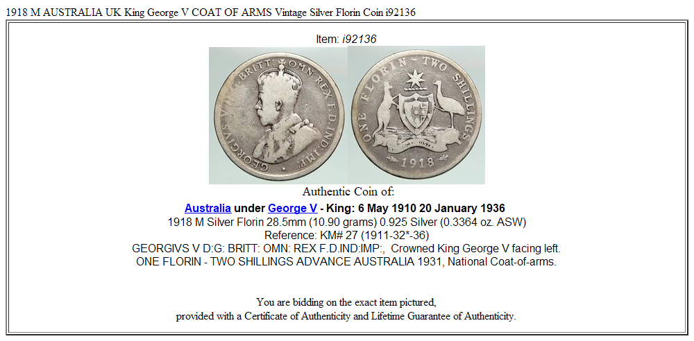 1918 M AUSTRALIA UK King George V COAT OF ARMS Vintage Silver Florin Coin i92136