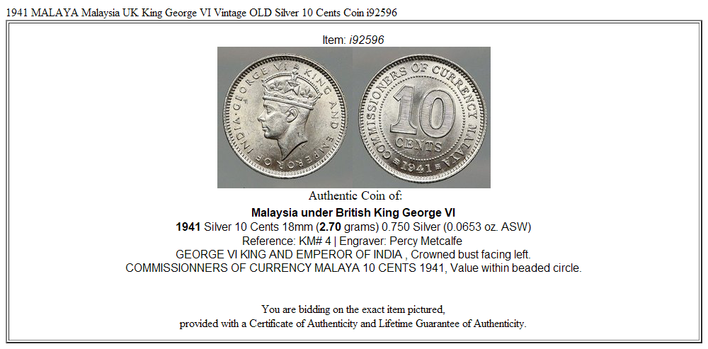 1941 MALAYA Malaysia UK King George VI Vintage OLD Silver 10 Cents Coin i92596