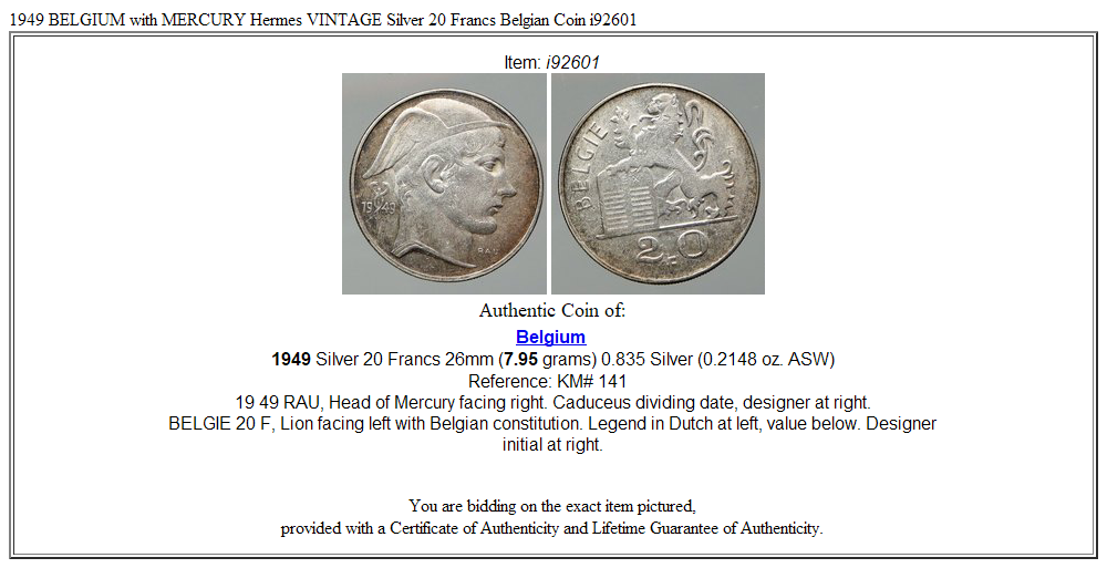 1949 BELGIUM with MERCURY Hermes VINTAGE Silver 20 Francs Belgian Coin i92601