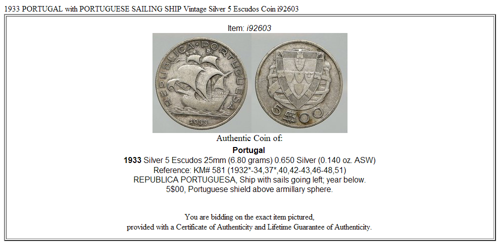 1933 PORTUGAL with PORTUGUESE SAILING SHIP Vintage Silver 5 Escudos Coin i92603