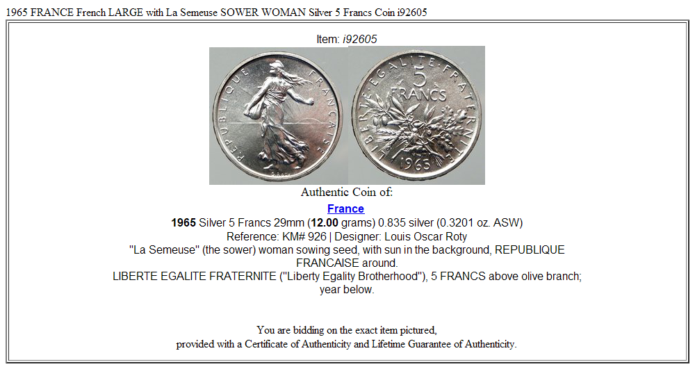 1965 FRANCE French LARGE with La Semeuse SOWER WOMAN Silver 5 Francs Coin i92605