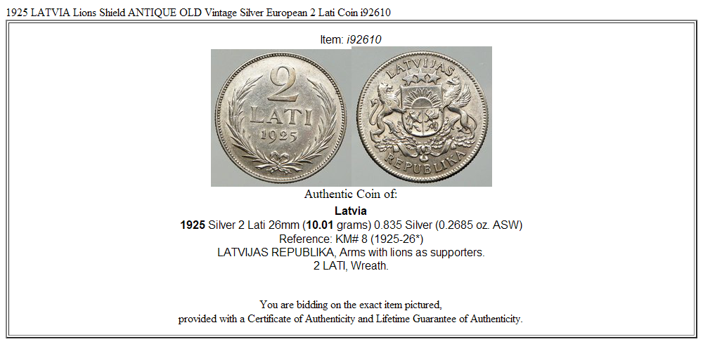 1925 LATVIA Lions Shield ANTIQUE OLD Vintage Silver European 2 Lati Coin i92610