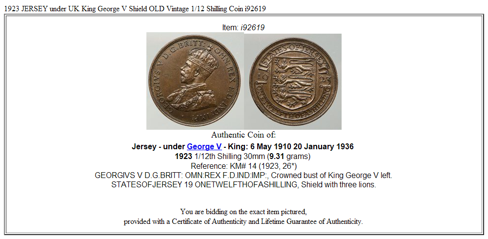 1923 JERSEY under UK King George V Shield OLD Vintage 1/12 Shilling Coin i92619