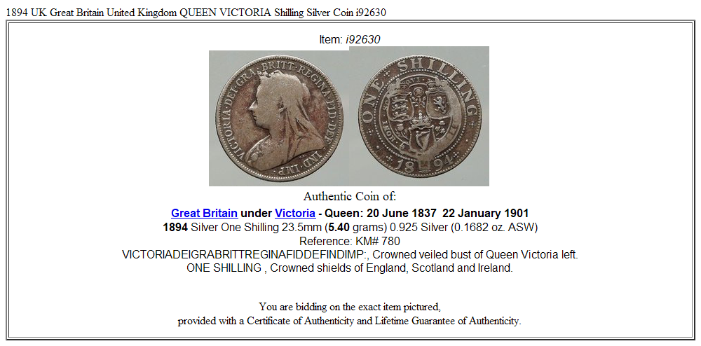 1894 UK Great Britain United Kingdom QUEEN VICTORIA Shilling Silver Coin i92630