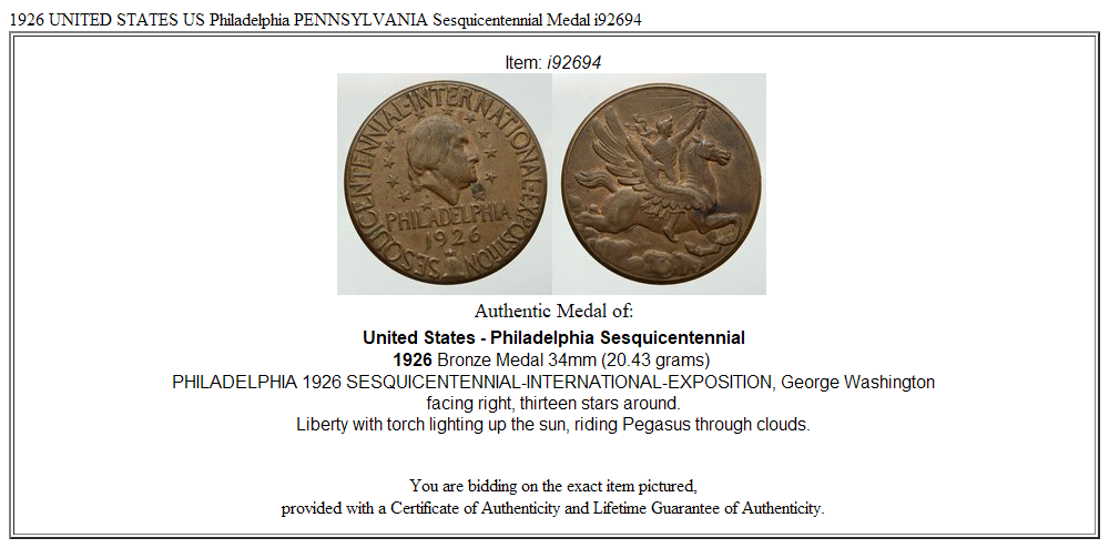 1926 UNITED STATES US Philadelphia PENNSYLVANIA Sesquicentennial Medal i92694