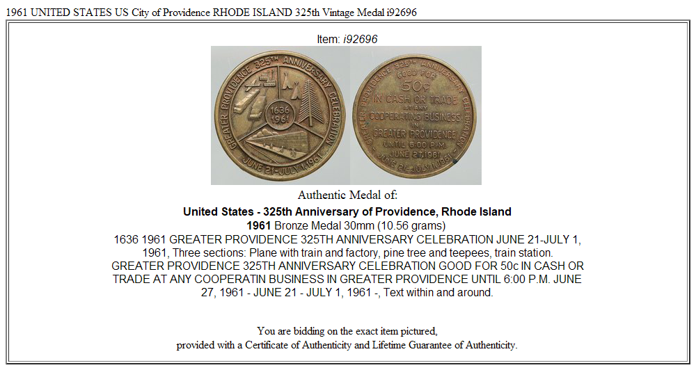 1961 UNITED STATES US City of Providence RHODE ISLAND 325th Vintage Medal i92696