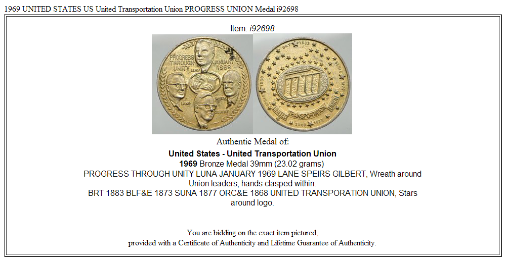 1969 UNITED STATES US United Transportation Union PROGRESS UNION Medal i92698