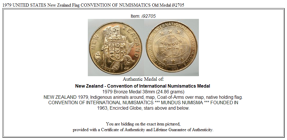 1979 UNITED STATES New Zealand Flag CONVENTION OF NUMISMATICS Old Medal i92705