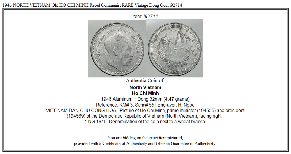 1946 NORTH VIETNAM Old HO CHI MINH Rebel Communist RARE Vintage Dong Coin i92714