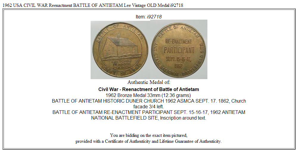 1962 USA CIVIL WAR Reenactment BATTLE OF ANTIETAM Lee Vintage OLD Medal i92718