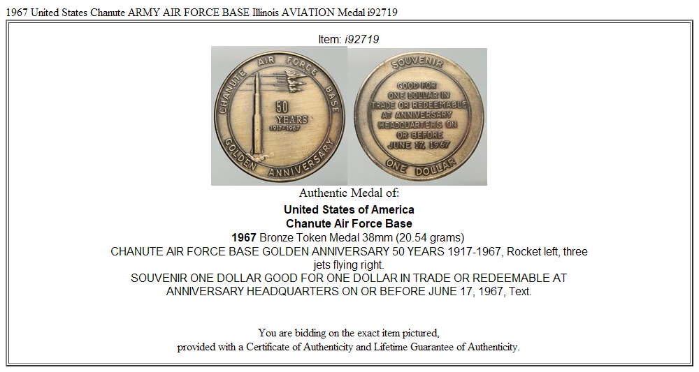 1967 United States Chanute ARMY AIR FORCE BASE Illinois AVIATION Medal i92719