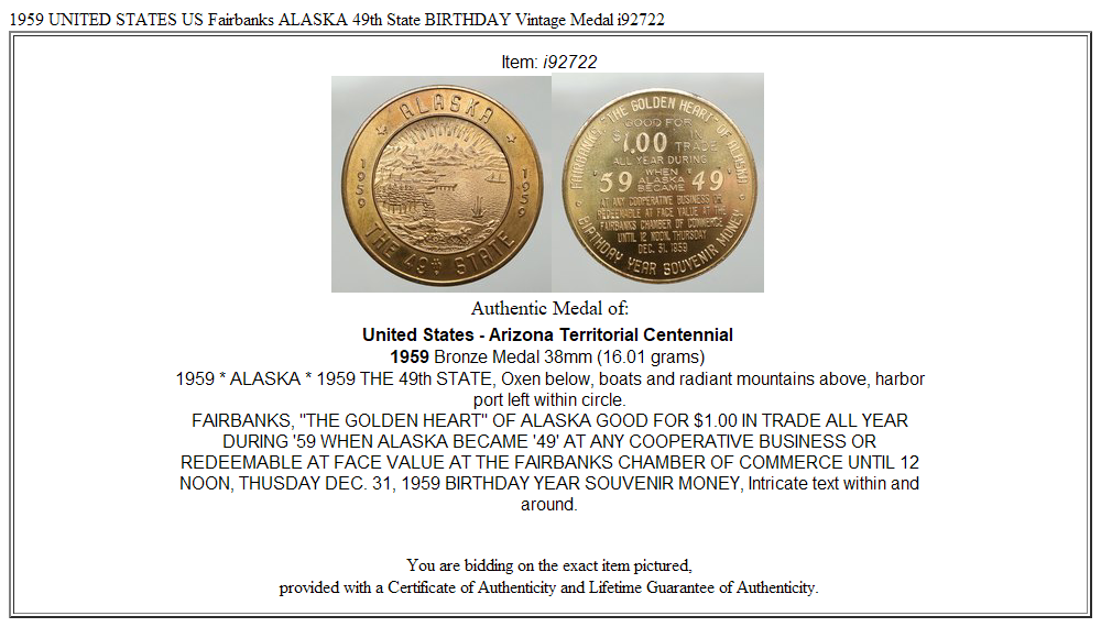 1959 UNITED STATES US Fairbanks ALASKA 49th State BIRTHDAY Vintage Medal i92722