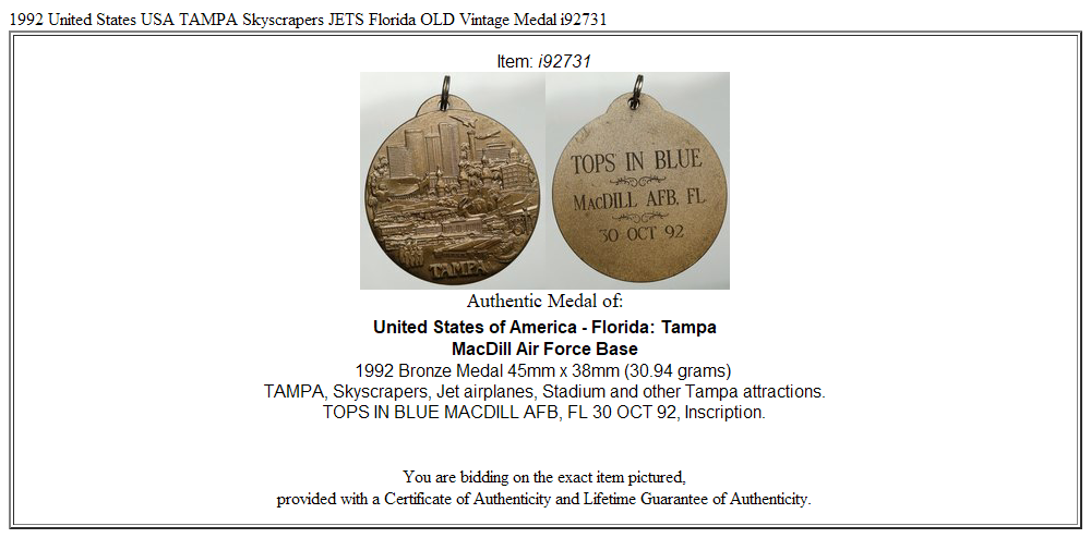 1992 United States USA TAMPA Skyscrapers JETS Florida OLD Vintage Medal i92731