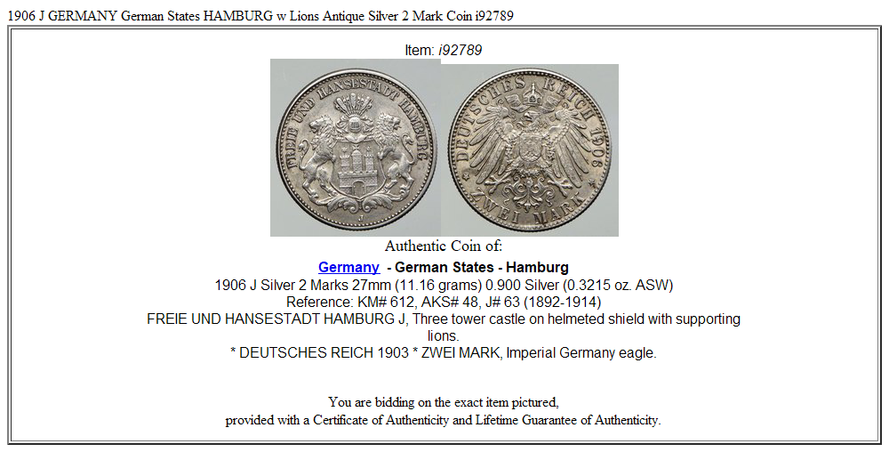 1906 J GERMANY German States HAMBURG w Lions Antique Silver 2 Mark Coin i92789