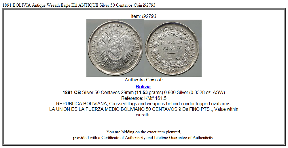 1891 BOLIVIA Antique Wreath Eagle Hill ANTIQUE Silver 50 Centavos Coin i92793