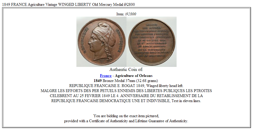 1849 FRANCE Agriculture Vintage WINGED LIBERTY Old Mercury Medal i92800